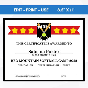 end of season softball award certificate template school youth club softball participation award